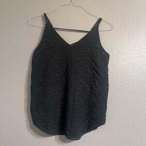 Loft Tiered‎ Knit Lined Top Tank Embroidered Dark Green Floral X-Small Blouse